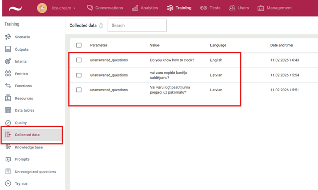 Patikrinkite, ar informacija apie visus neatsakytus klausimus rodoma tinkamai.