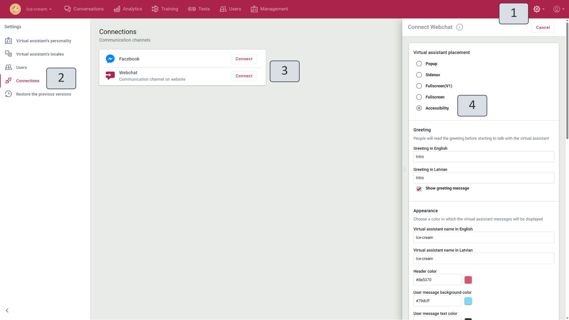 Enabling accessibility settings in the webchat connection view.