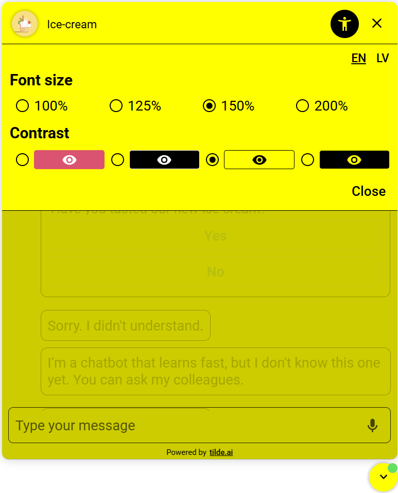 An example of the accessibility menu and features in the webchat interface.