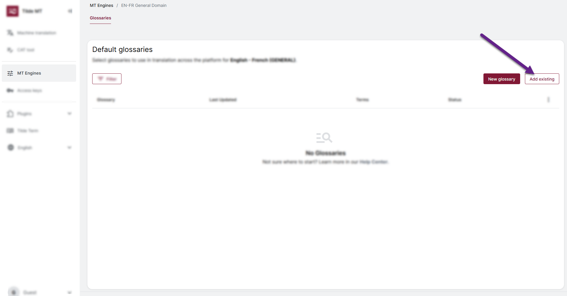 Add existing button.