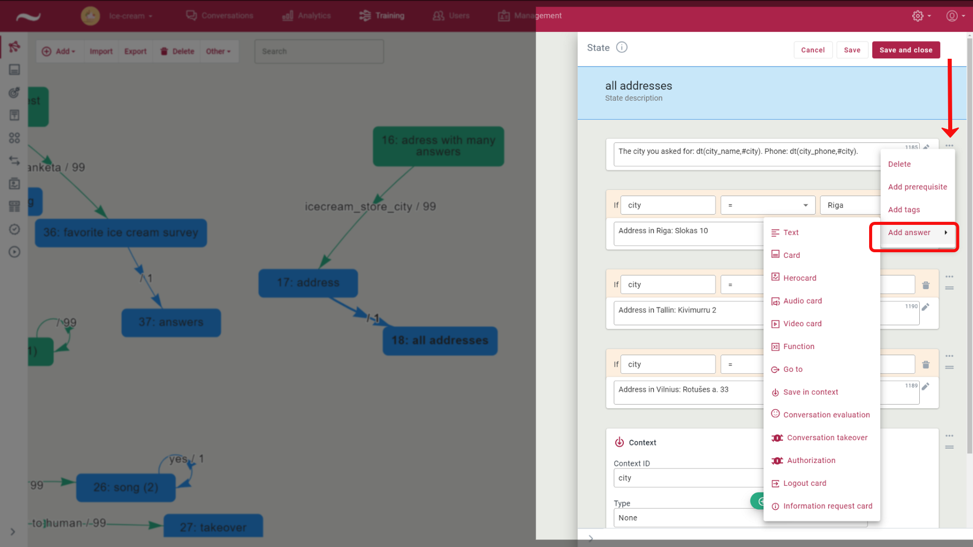 The &#39;Add answer&#39; option in the action menu.