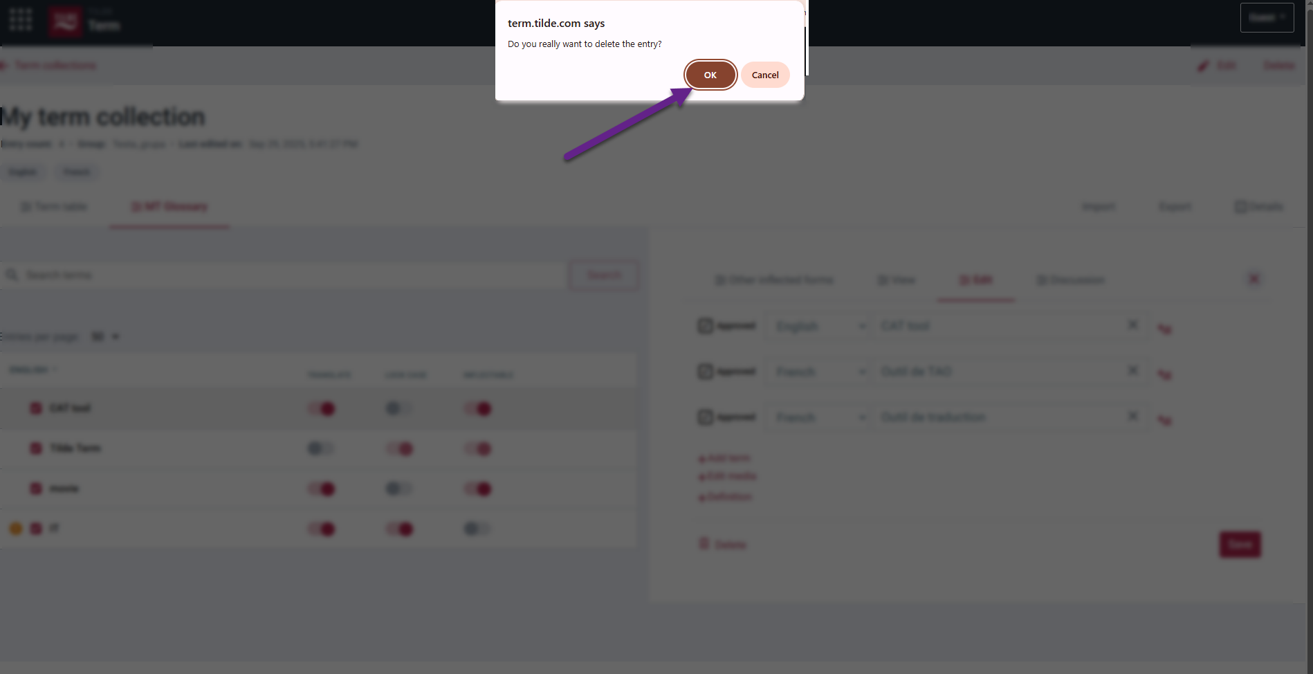 Confirm deletion in the dialog.