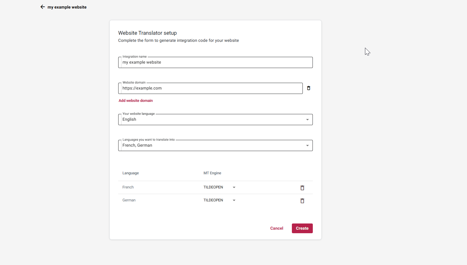 Figure 2. Filling out the website setup form.
