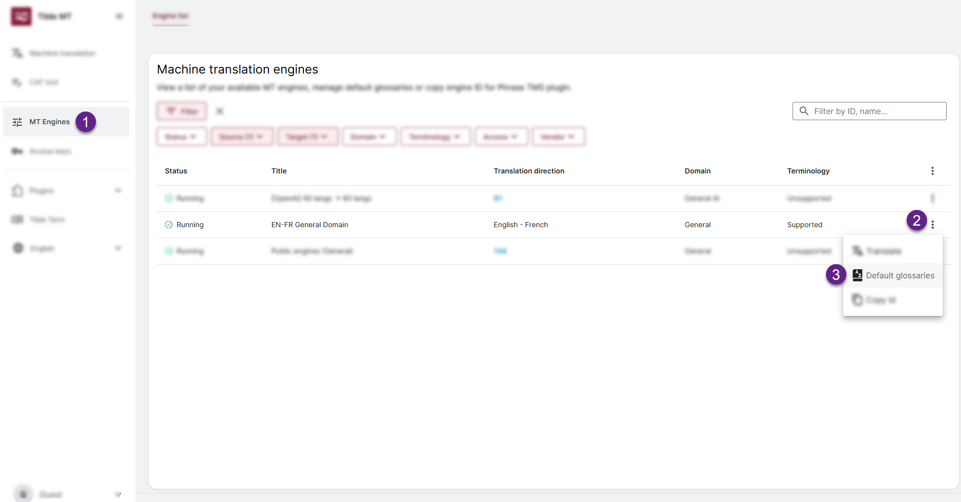 Open Default glossary management.