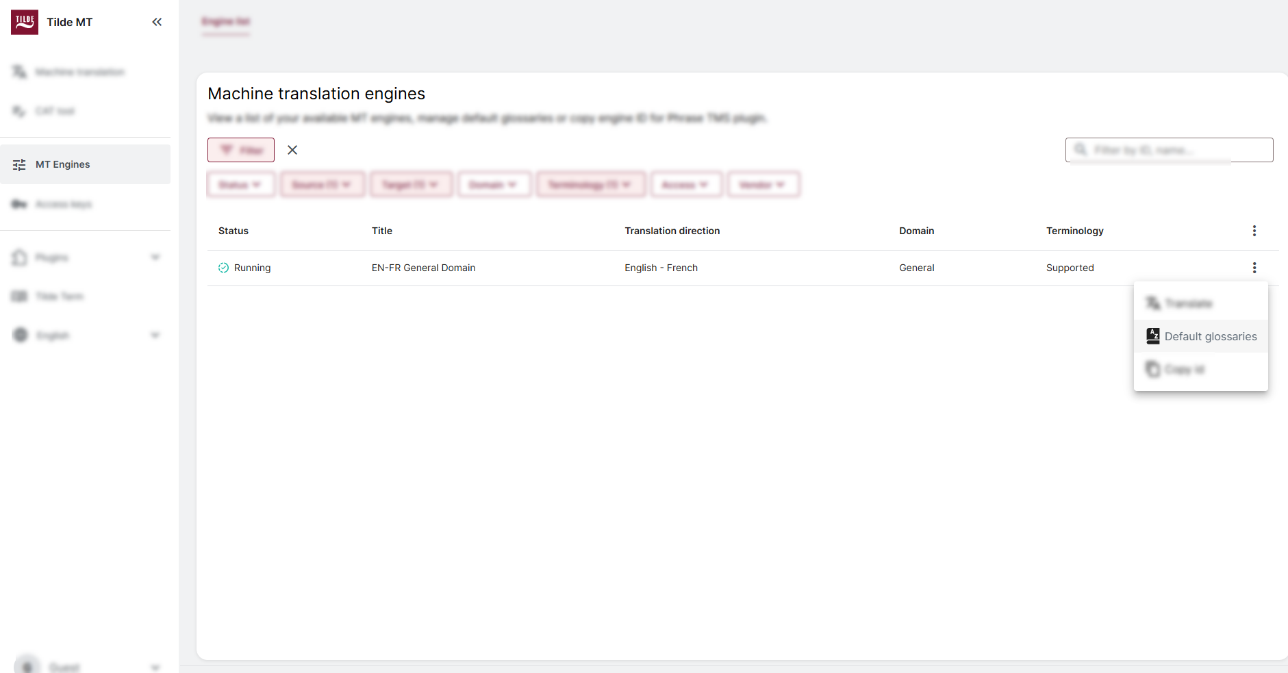 Open Default glossary management.