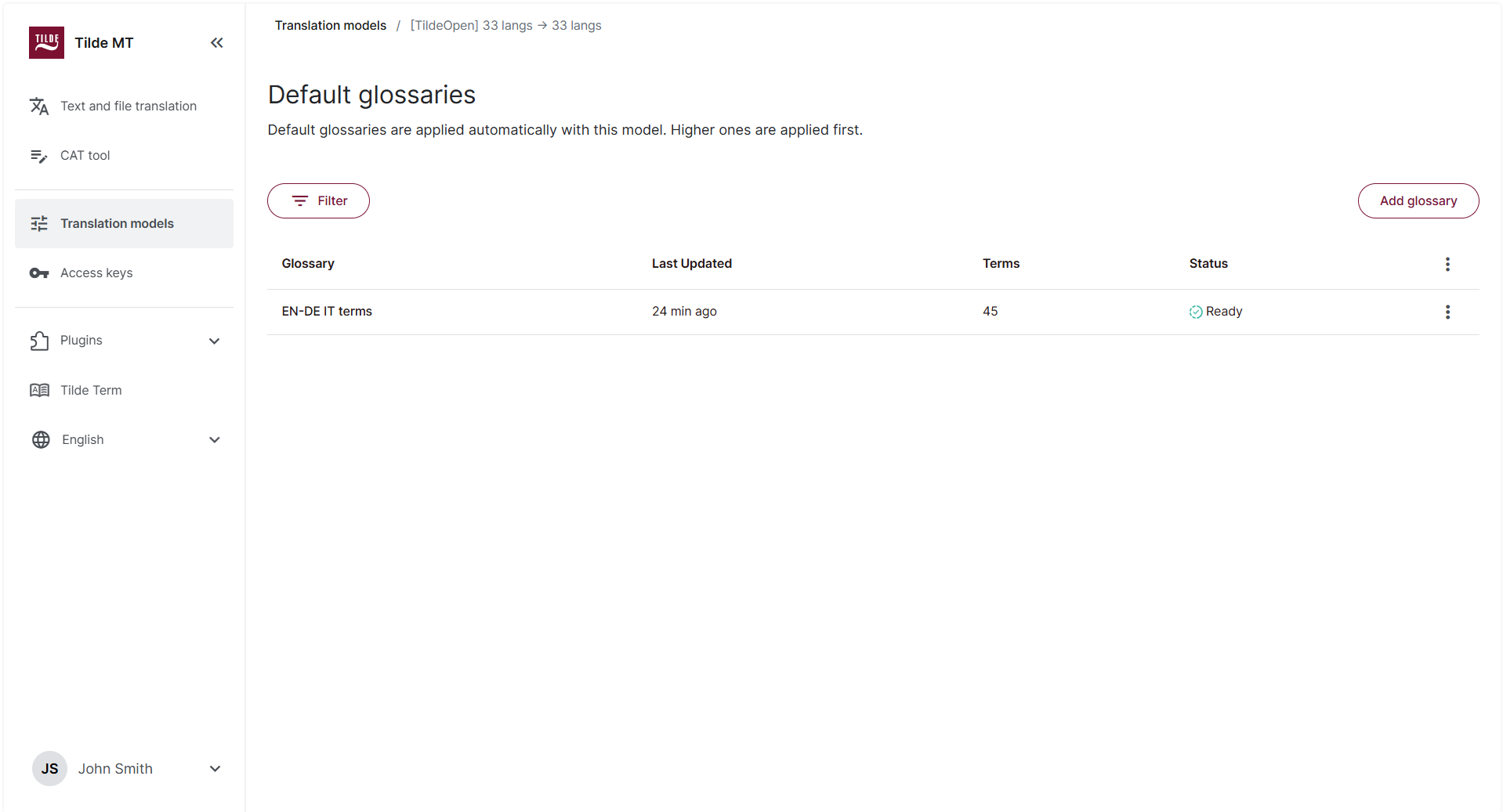 Default glossary configuration in model settings.