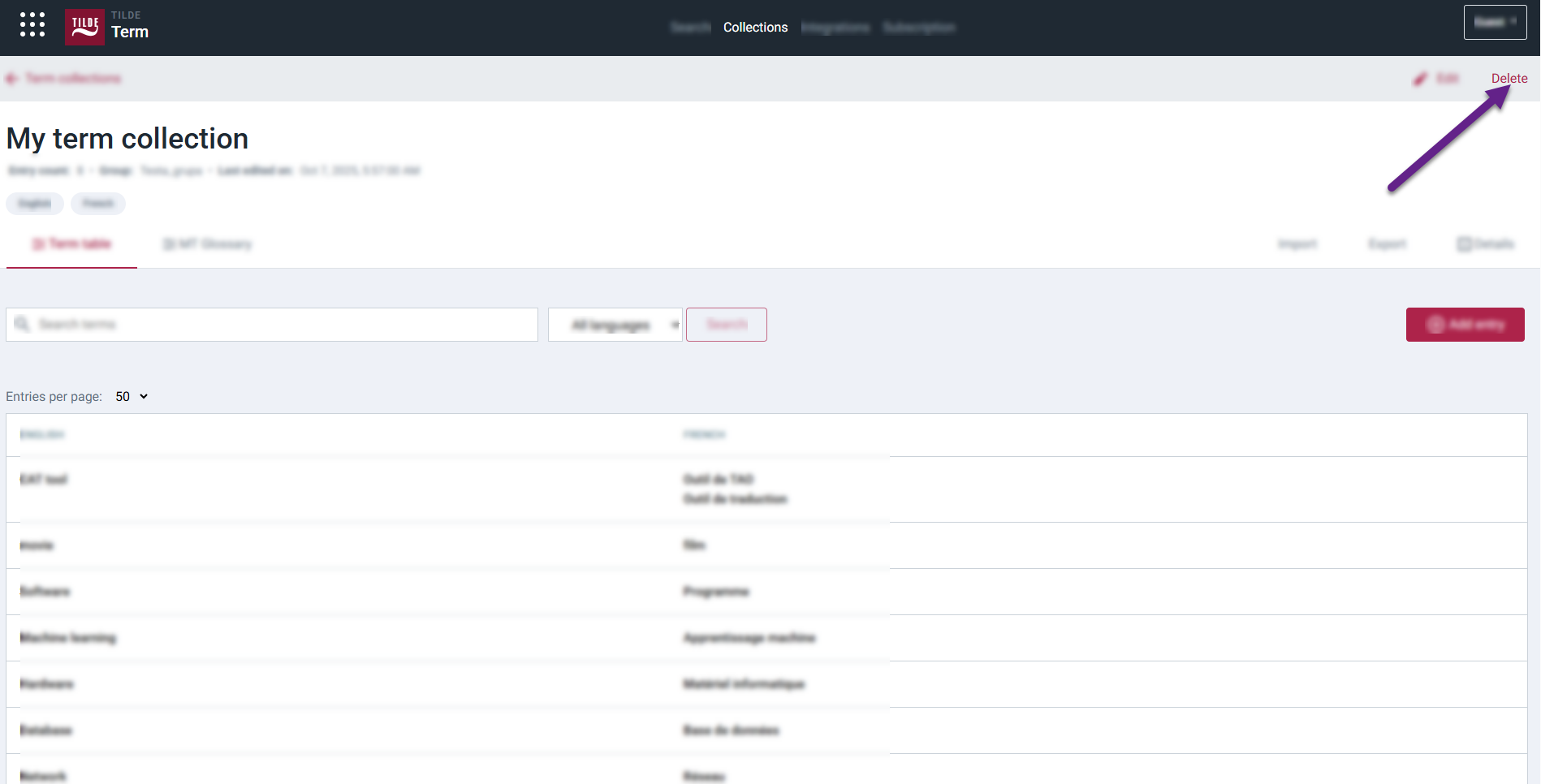 Figure 8. Delete term collection.