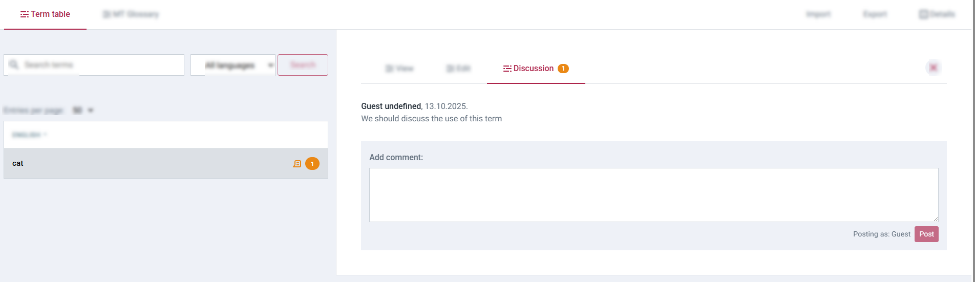 Figure 9. The 'Discussion' tab in the side panel for adding comments.
