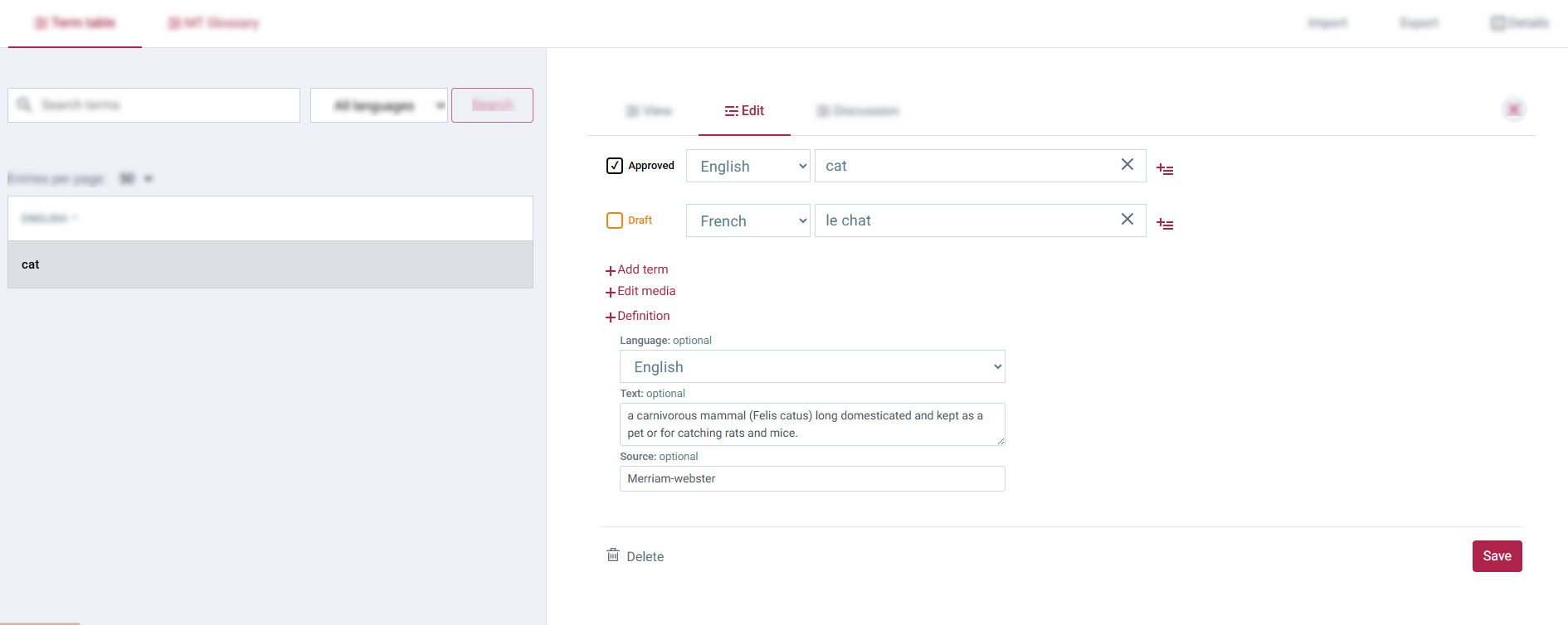 Figure 7. Edit tab for a selected term entry.