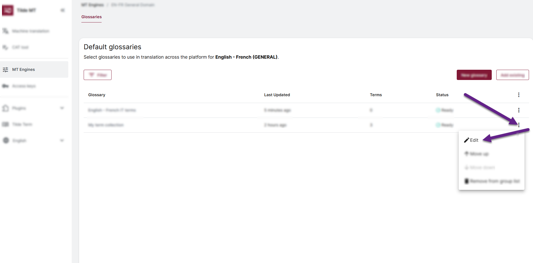Accessing edit mode from the default glossaries list.