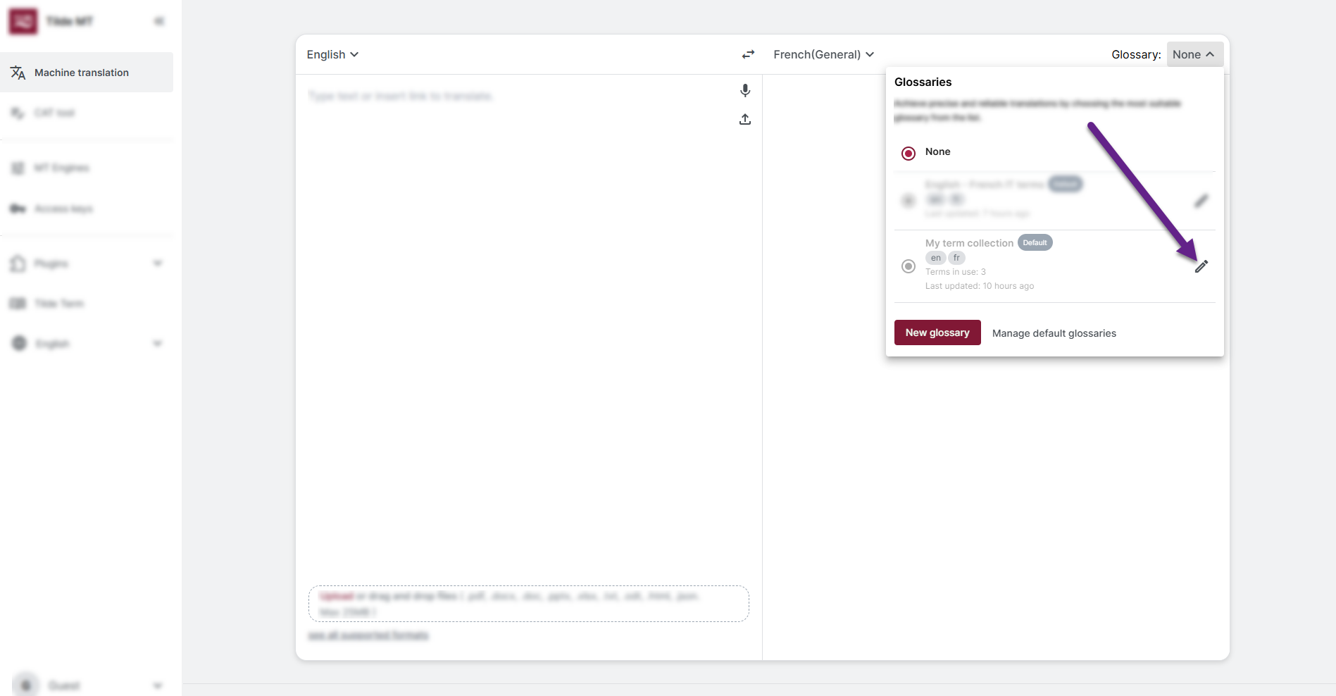 Accessing edit mode from the default glossaries list.