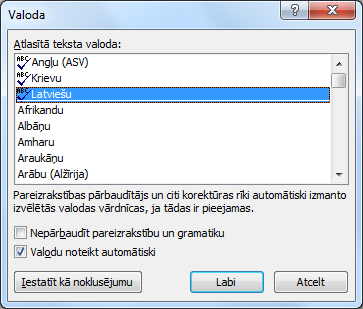 Koriģēšanas valodas iestatīšana Word