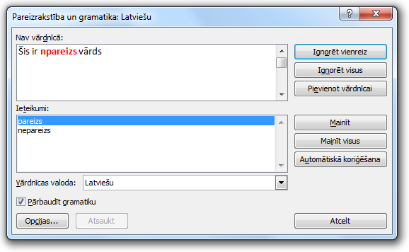 Pareizrakstības pārbaudes logs