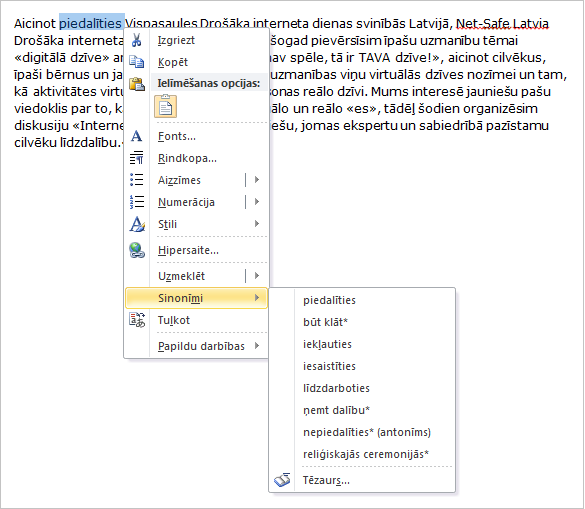 Sinonīmu izvēlne Word