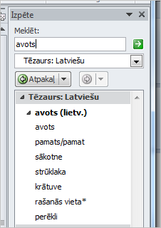 Tēzaura panelis Word