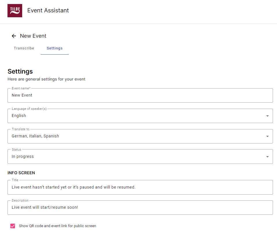 Event settings view