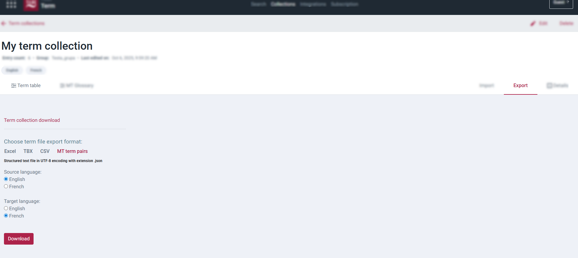 Figure 2. Export MT terms.