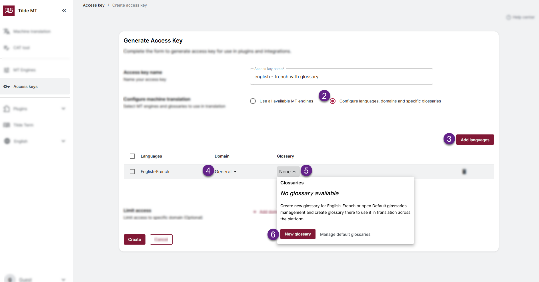 Fill in the details and open the glossary menu.