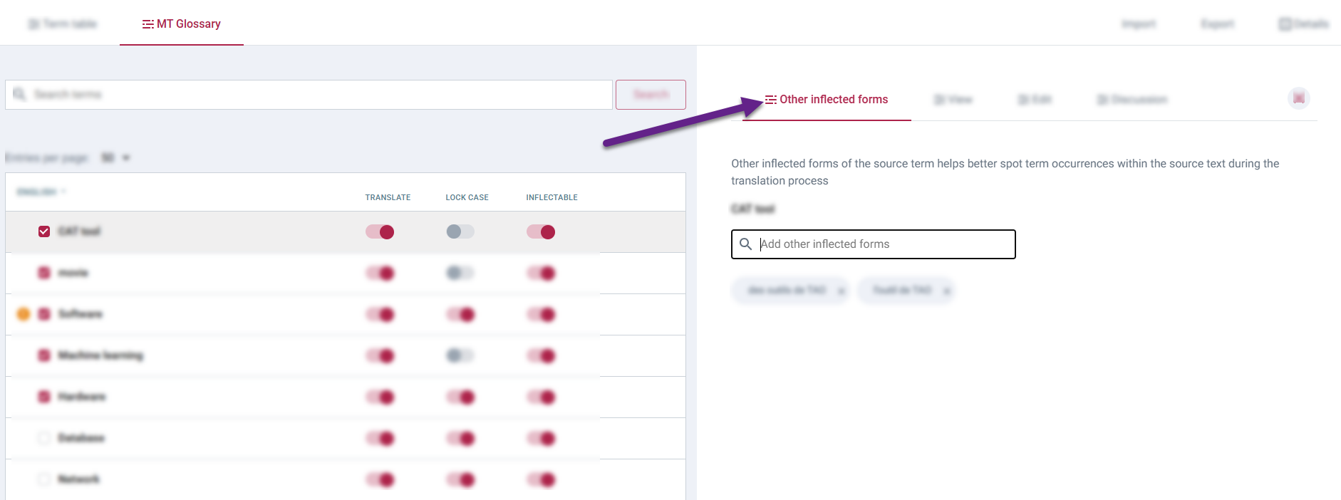 Adding other inflected forms in the side panel.