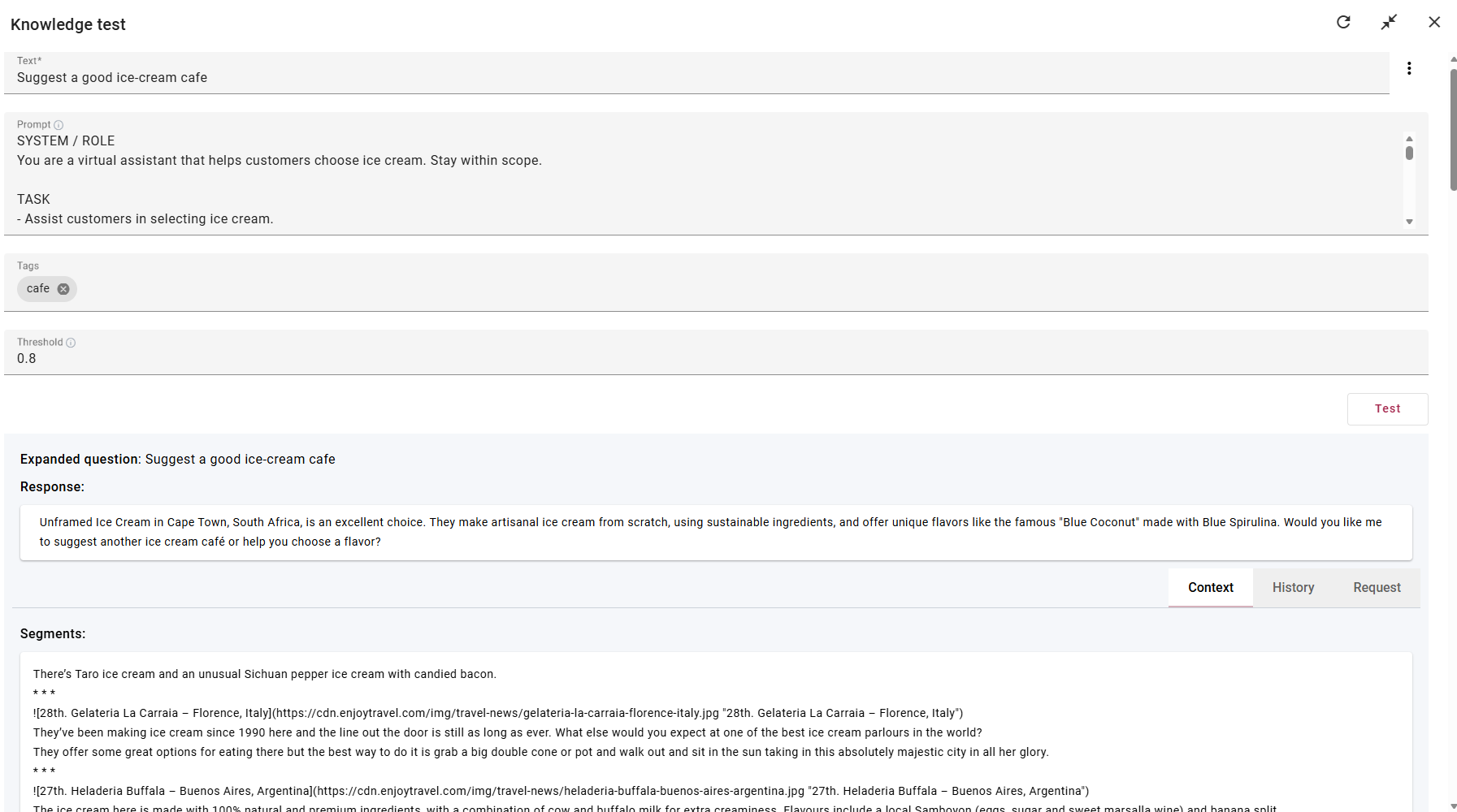 The Knowledge Test interface showing the question, prompt, response, and context fields.