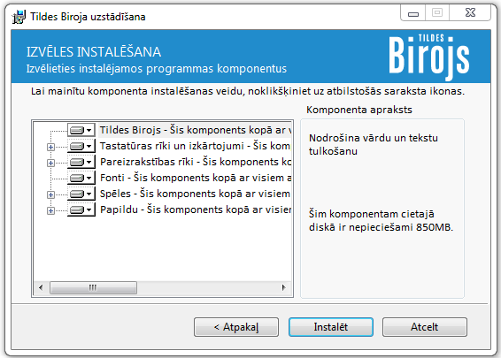 Komponentu uzstādīšanas logs