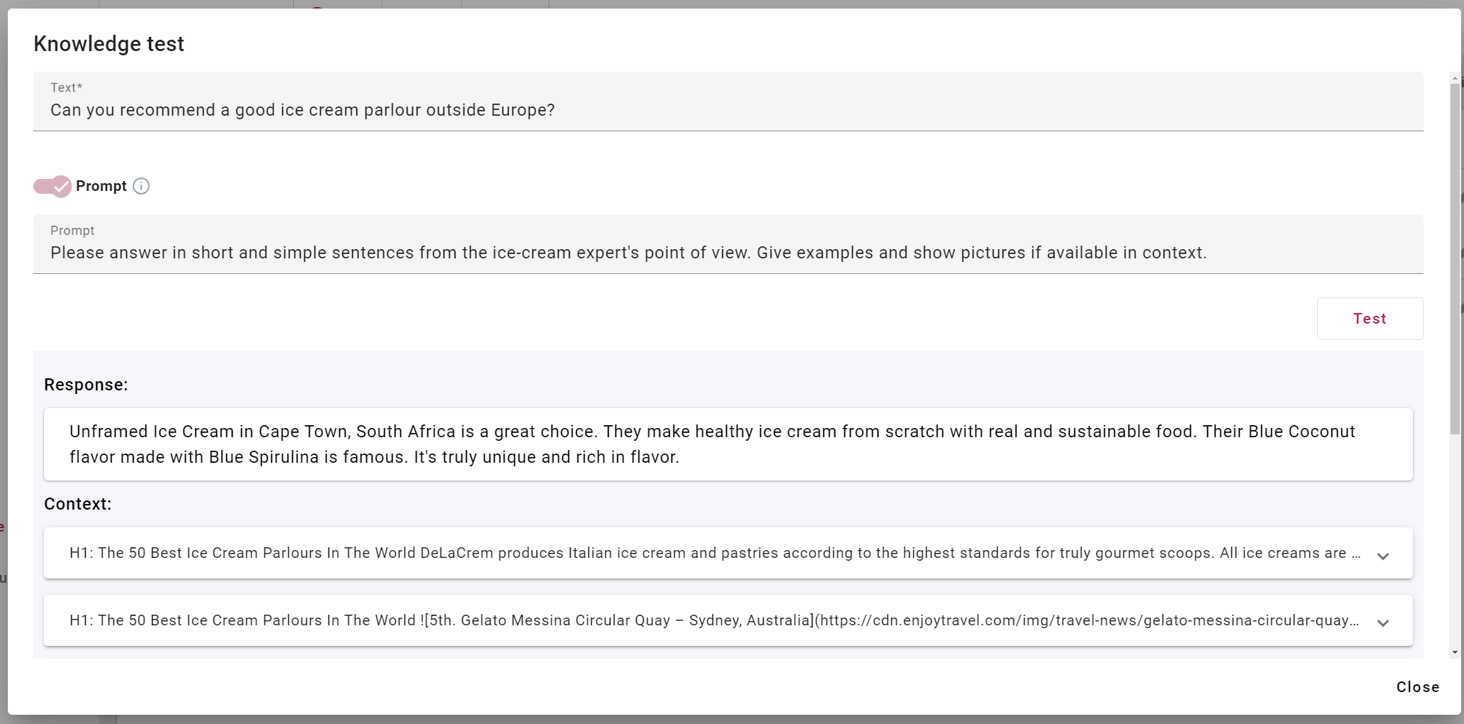 The Knowledge Test interface showing the question, prompt, response, and context fields.