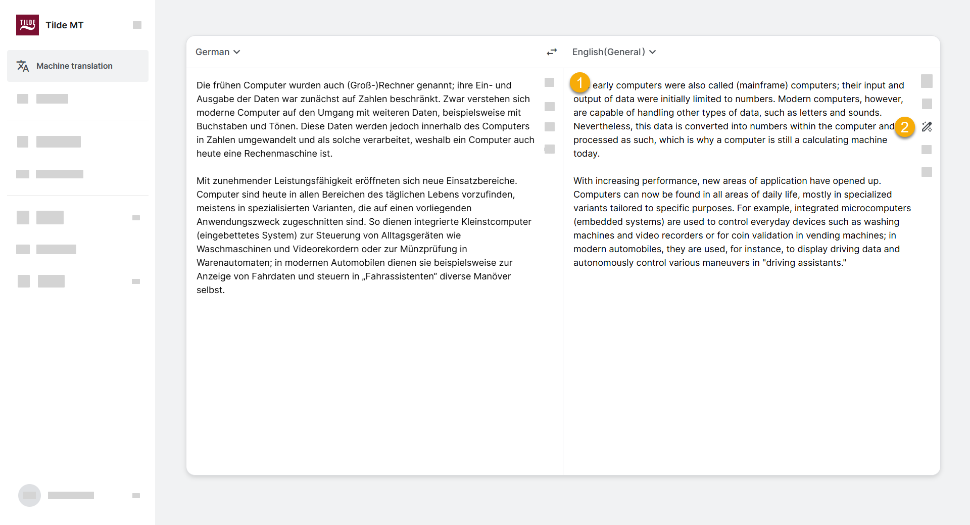 Figure 5. Select your languages and domain, translate the text and click the rephrase icon.