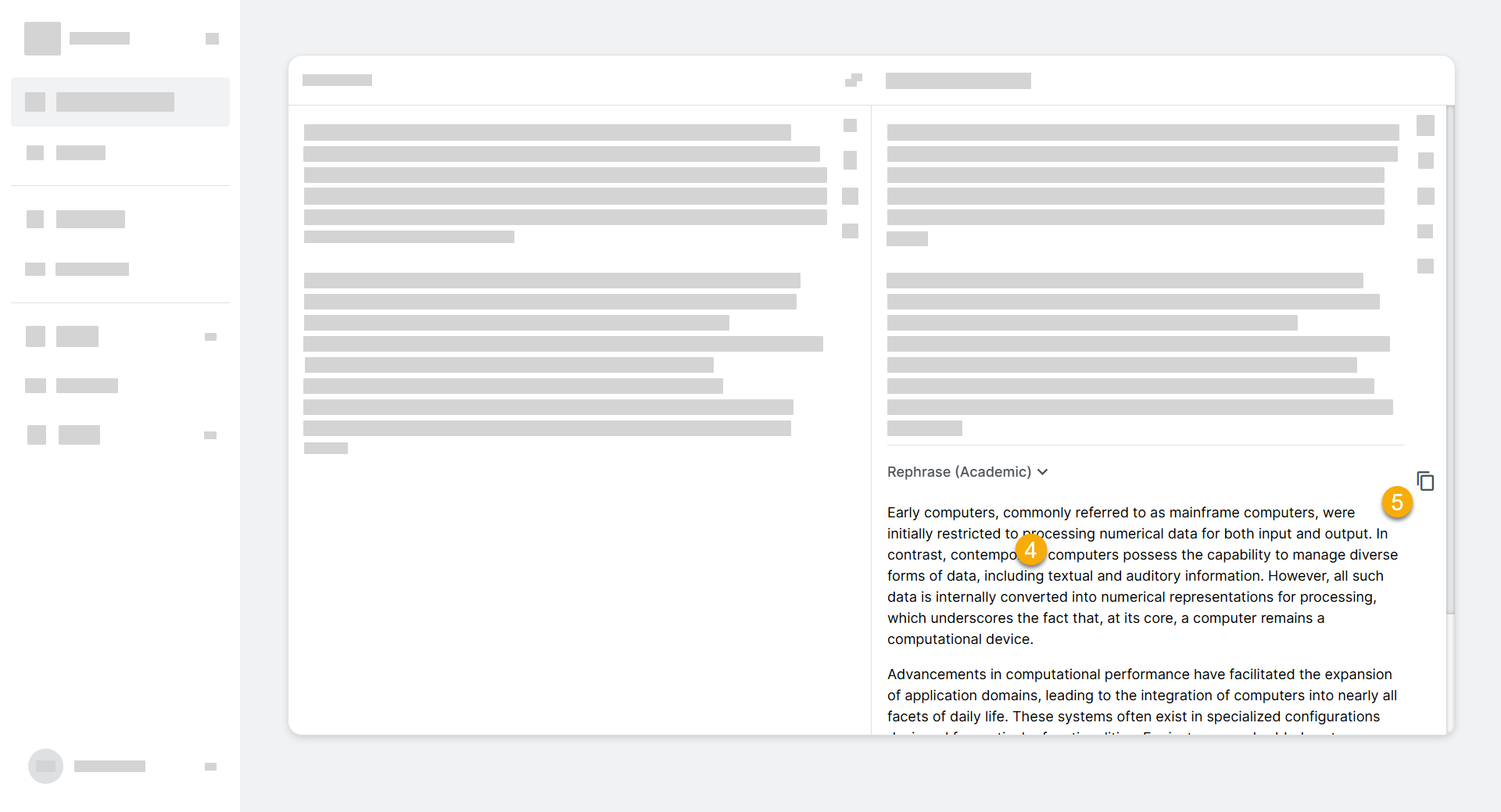 Figure 7. Rephrased text will appear under the translation. To copy it click the copy icon