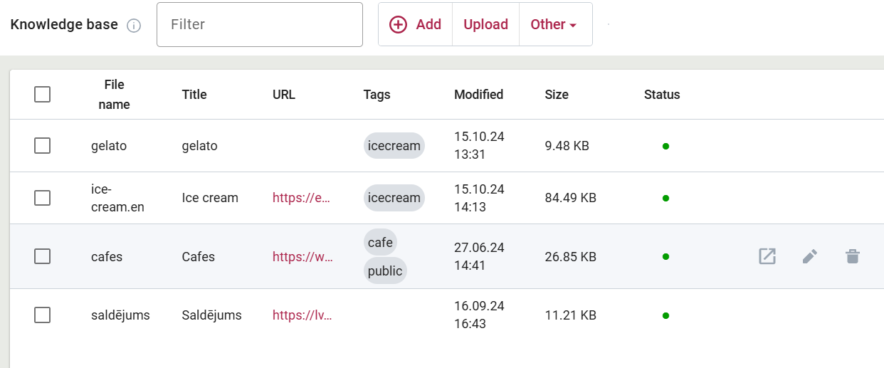 Overview of the Knowledge Base view in the training interface.