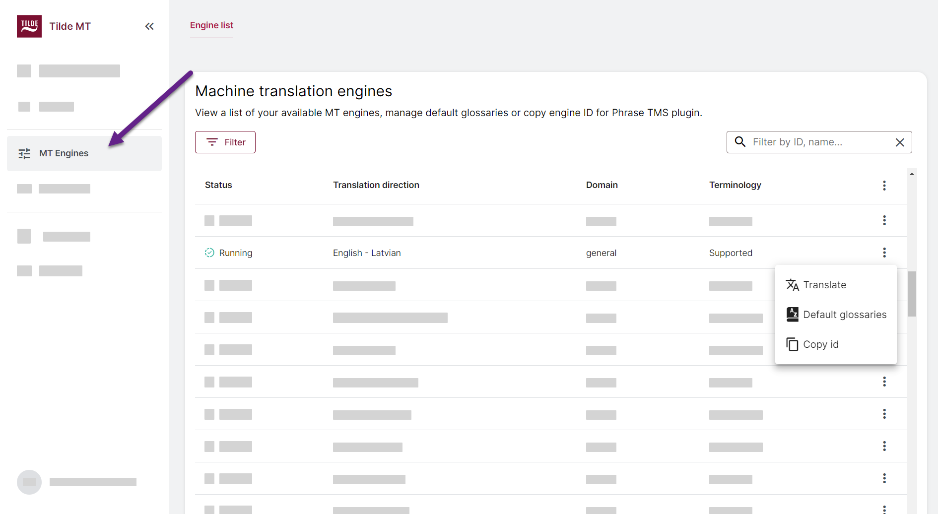 MT engines list