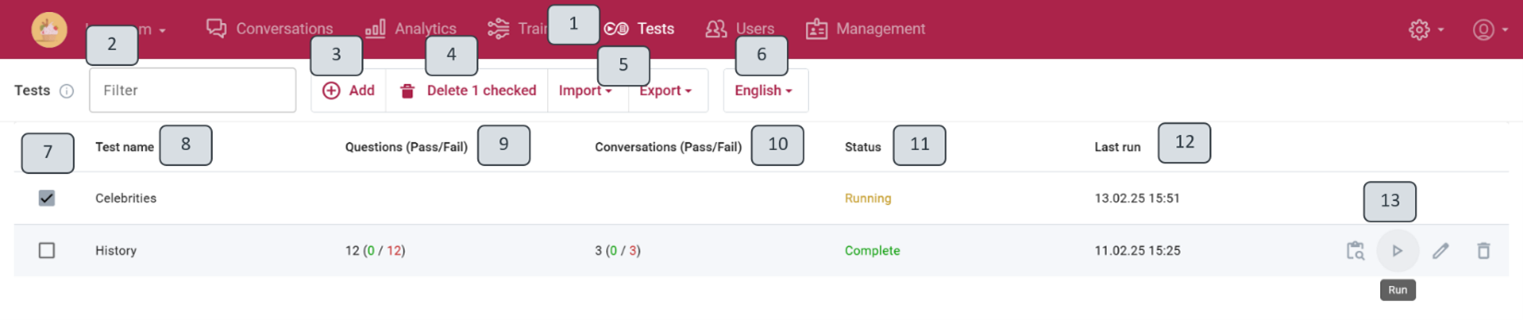The &#39;Tests&#39; view interface.