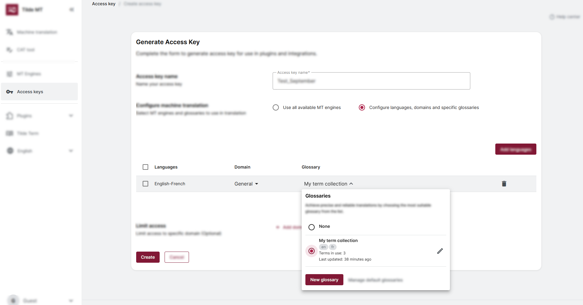 Select the glossary and create access key (or save changes).