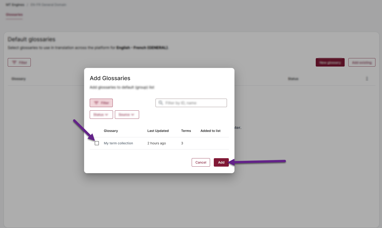 Selecting glossaries to add as default.