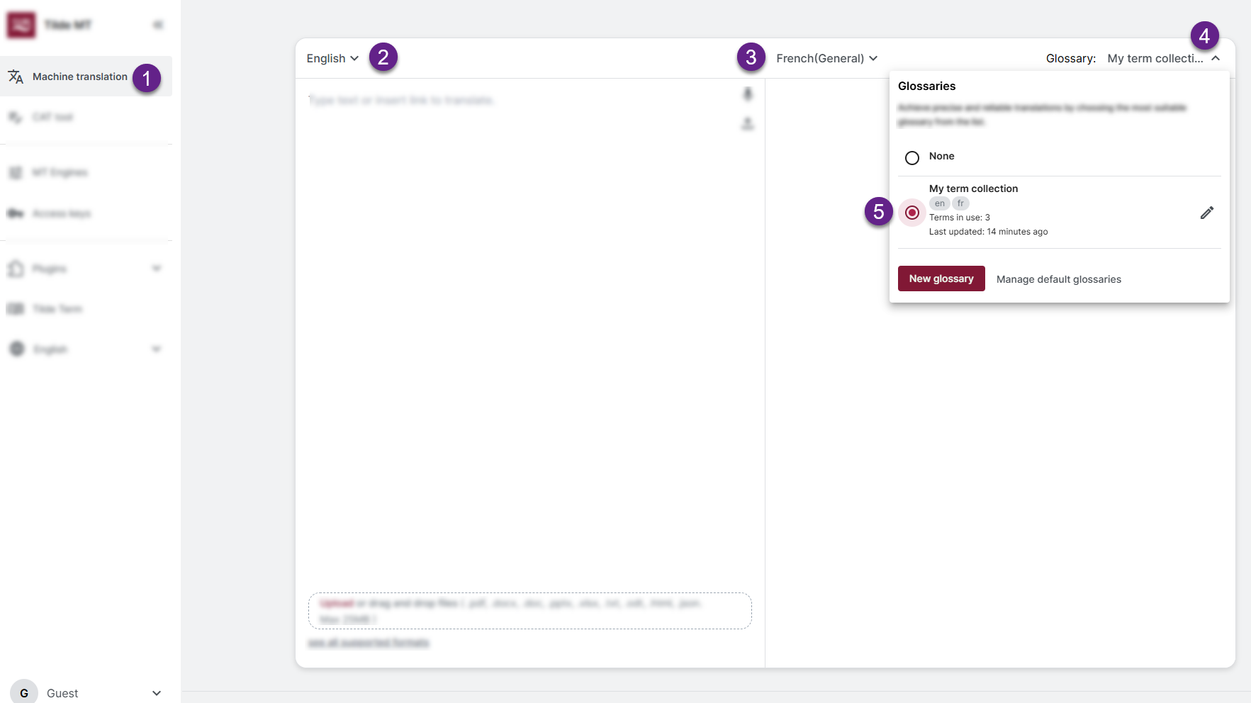 Selecting glossary for translation.