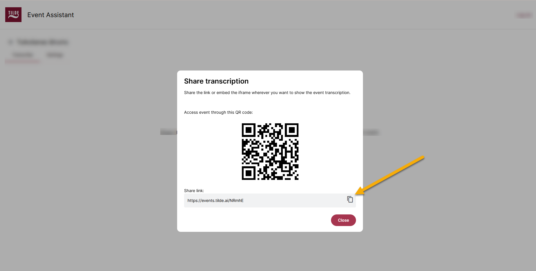 Figure 5. Copy the link and/or the QR code and share it with the event atendees.