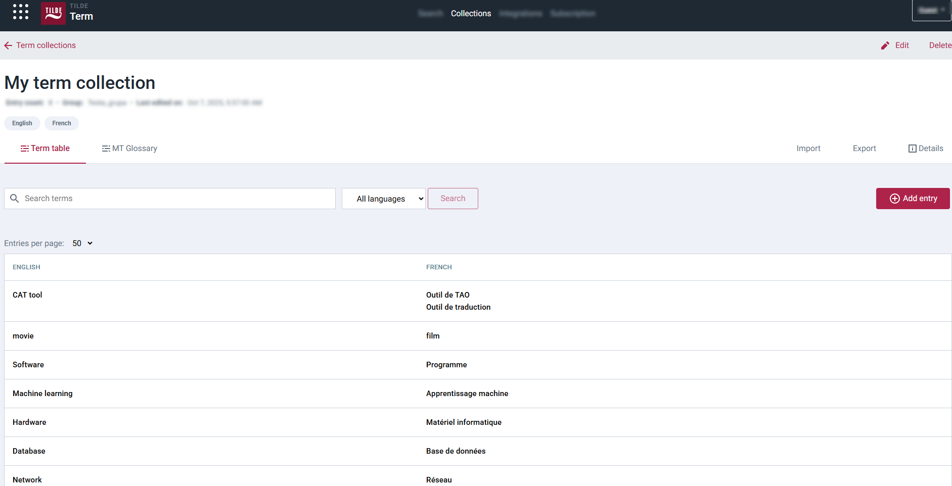 Figure 1. The main terminology collection view, showing the added terms.