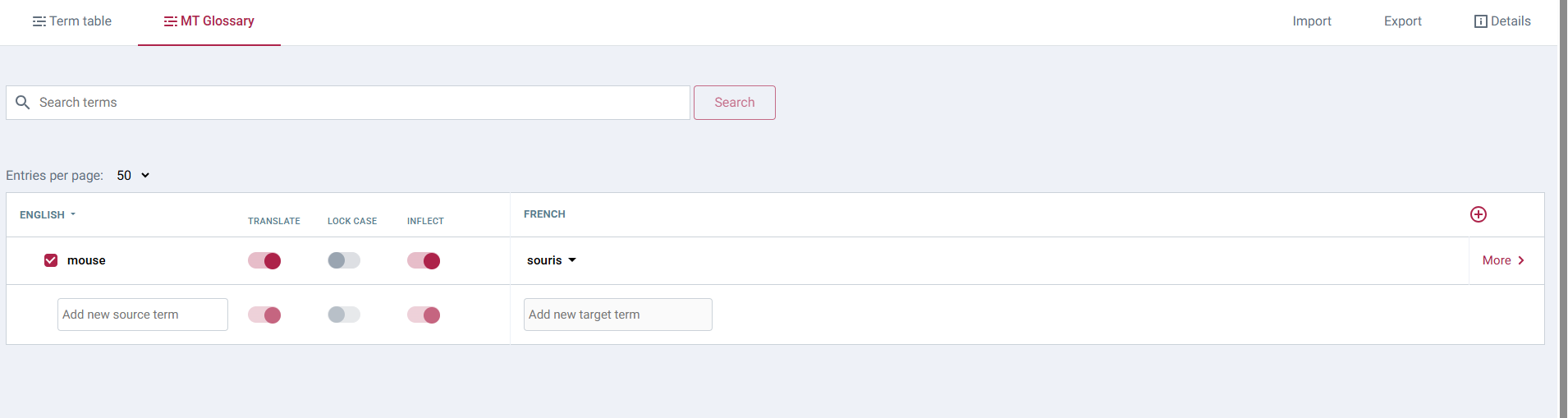 The new term pair appears in the table.
