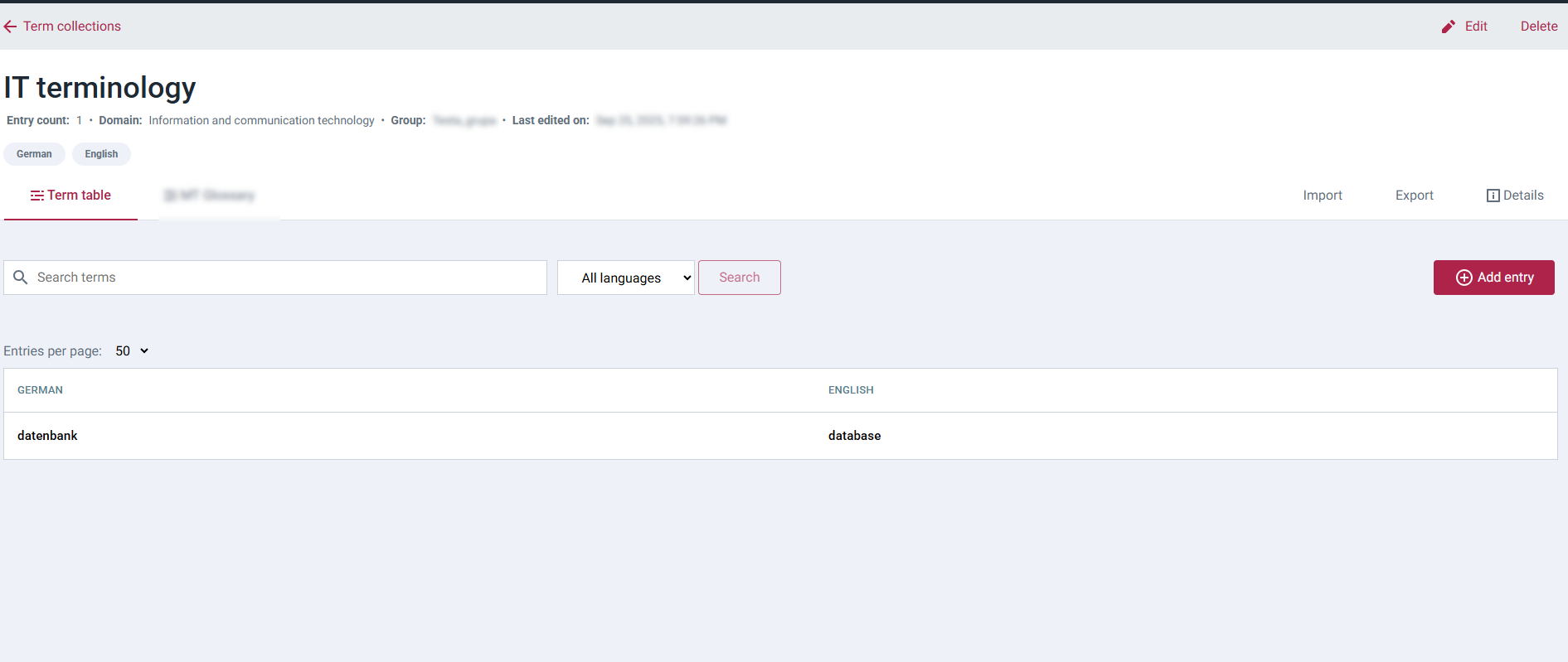 Figure 7. The Term Table is updated with the new entry.