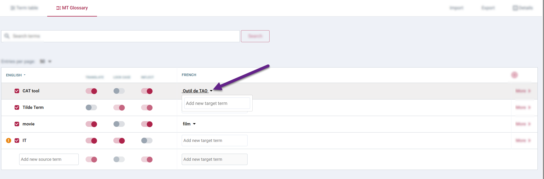 Input field/menu for managing target terms.