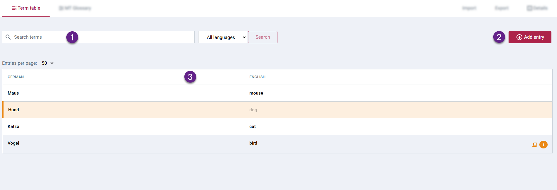 Figure 2. The term table layout showing filtering, the 'Add entry' button, and the term list.
