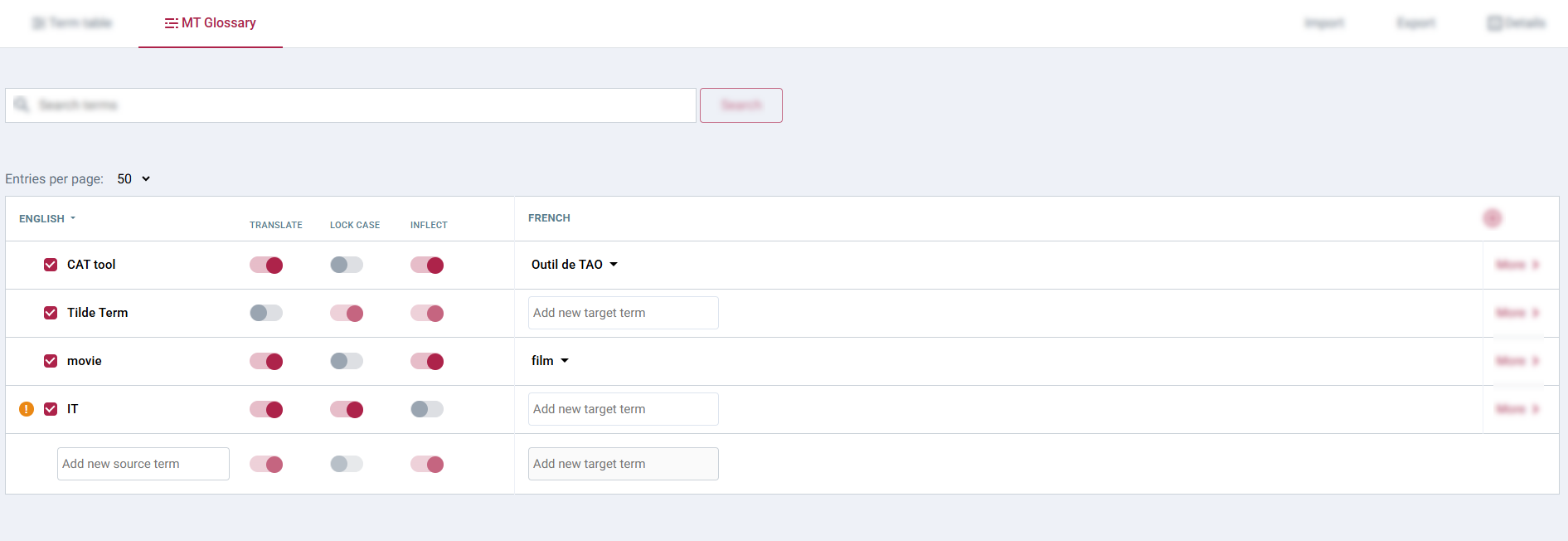 Setting translation attributes for a term.