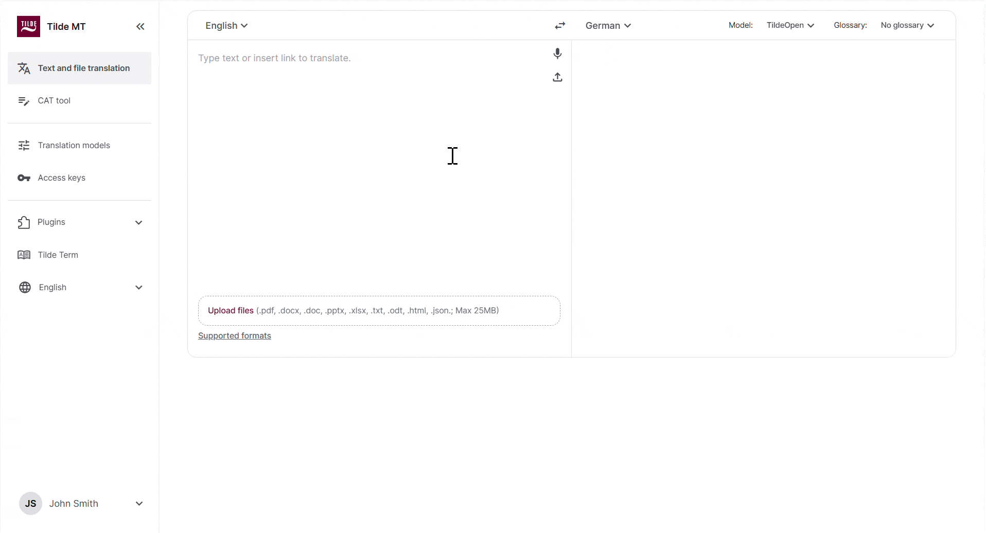 Creating a glossary, adding a term, and selecting it in Text & File Translation.