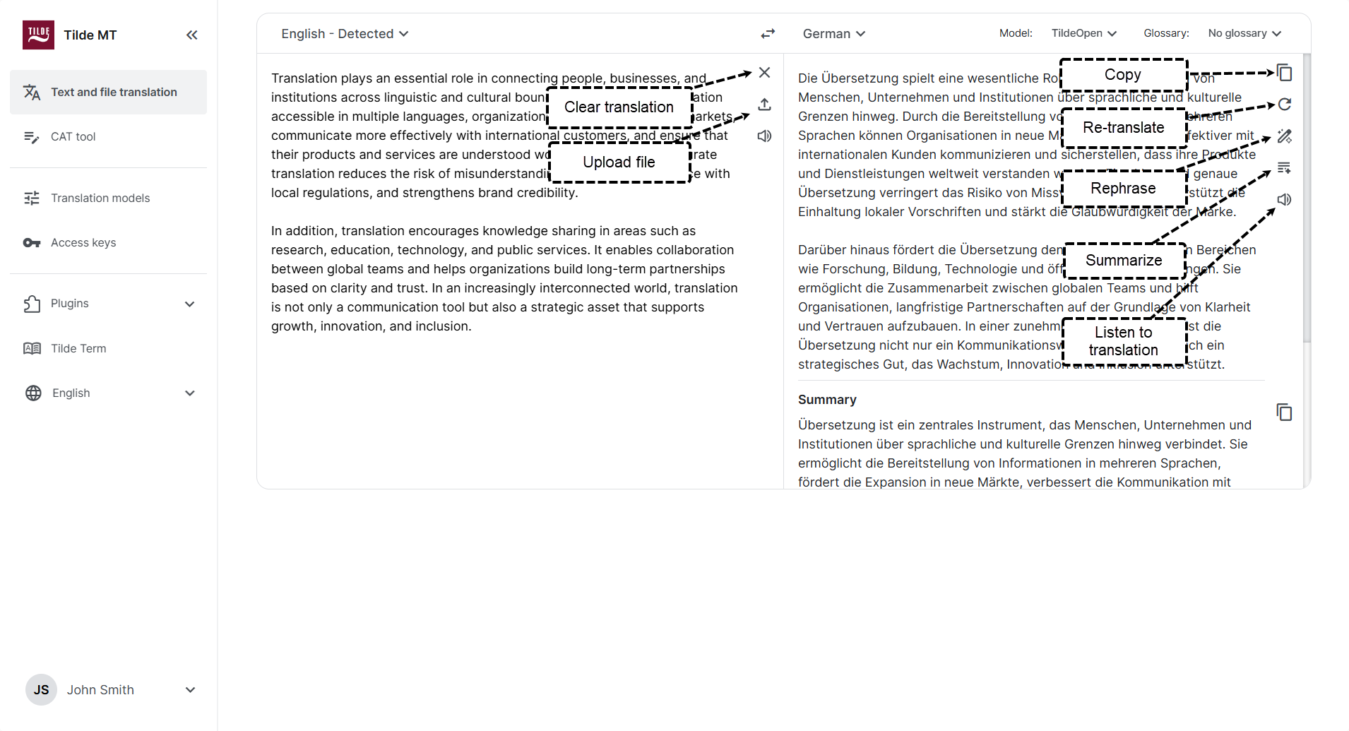 Figure 1. Text translation interface and available actions.