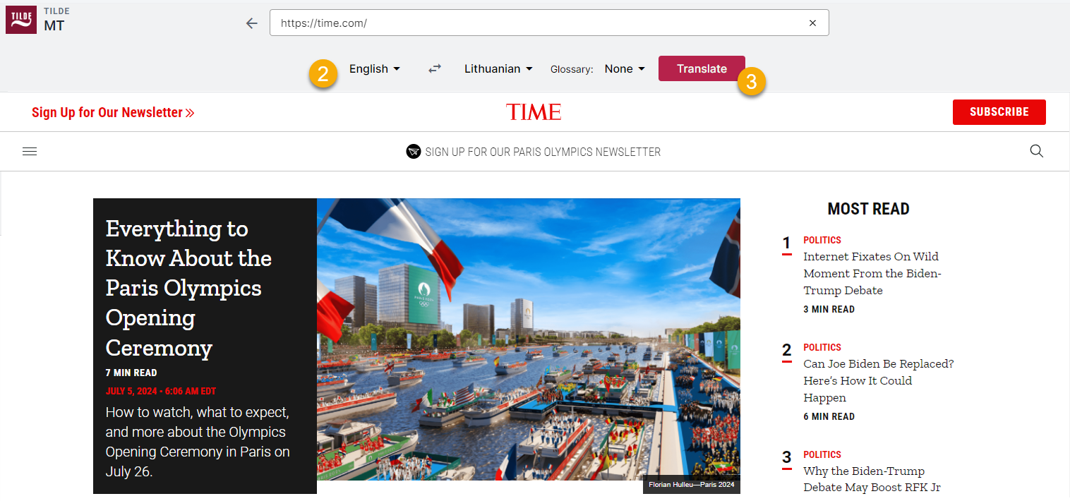 Figure 3. Select translation languages and click Translate.